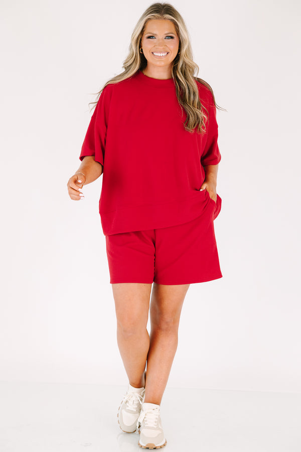 Plus Size red two-piece set with a short-sleeve ribbed top and matching elastic waistline shorts.