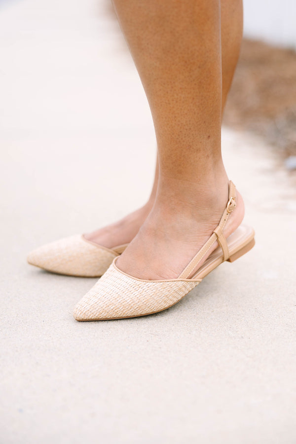Chic Soul plus size clothing natural woven  closed toed pointed flats with a natural colored thin strap going around the back of the heel 