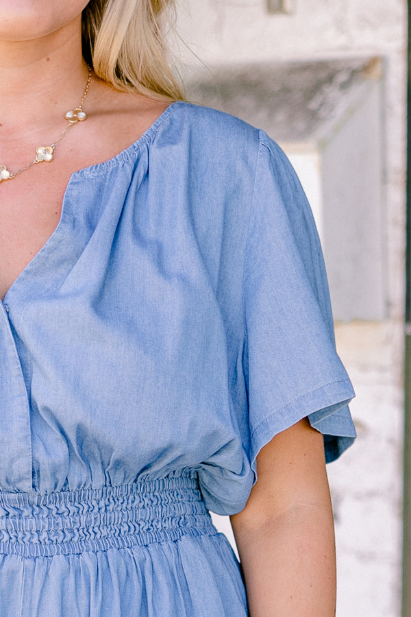Chic Soul plus size clothing, sky blue short-flutter sleeve v-neck romper with ruched waistband and pockets