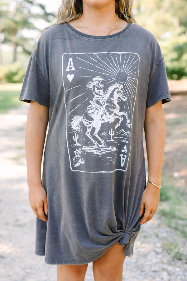 Plus Size charcoal t-shirt dress with a white western ace of hearts graphic and relaxed fit.