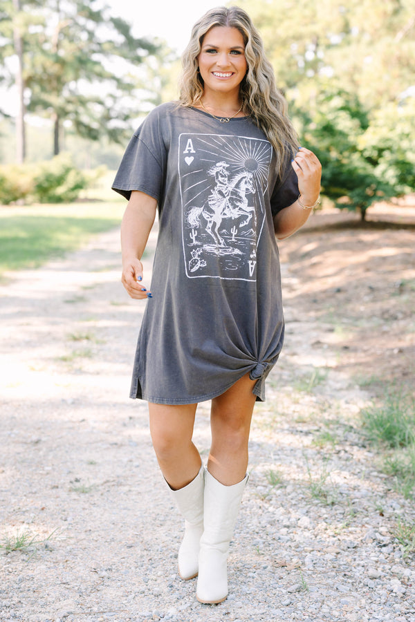 Plus Size charcoal t-shirt dress with a white western ace of hearts graphic and relaxed fit.