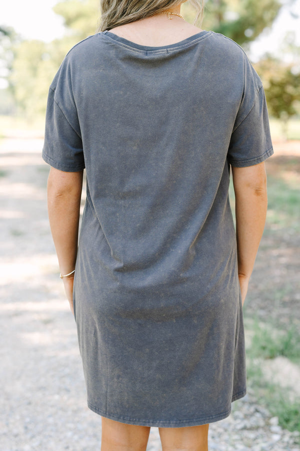 Plus Size charcoal t-shirt dress with a white western ace of hearts graphic and relaxed fit.