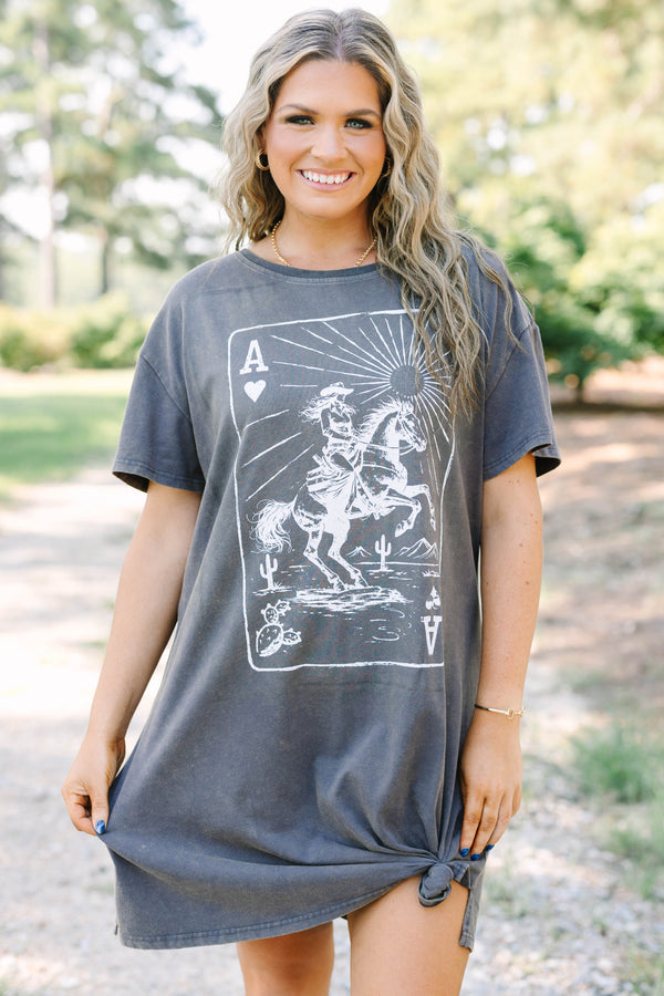 Plus Size charcoal t-shirt dress with a white western ace of hearts graphic and relaxed fit.