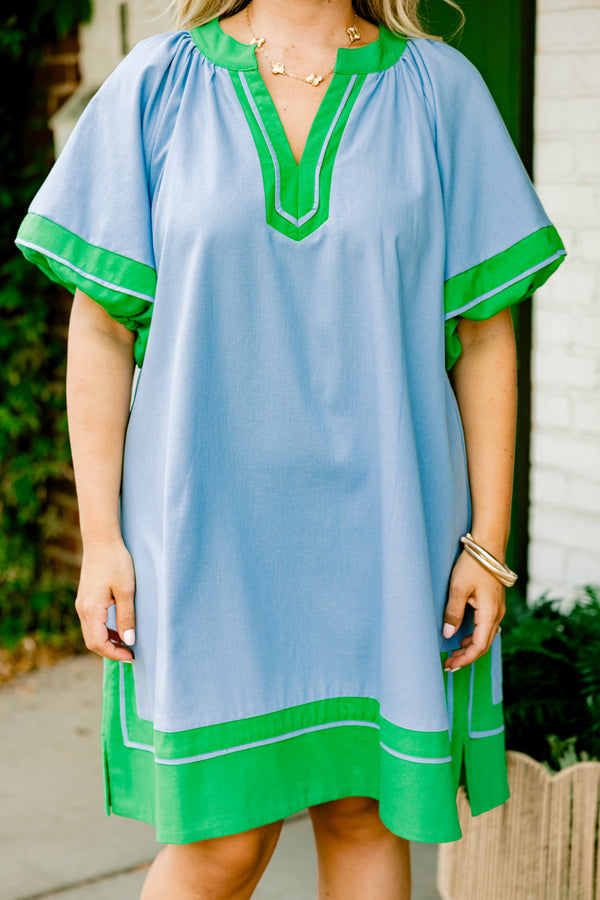 Chic Soul plus size clothing, blue short sleeve mini dress with v cutout along neckline with puff sleeves with kelly green trim along sleeves, neckline, and bottom