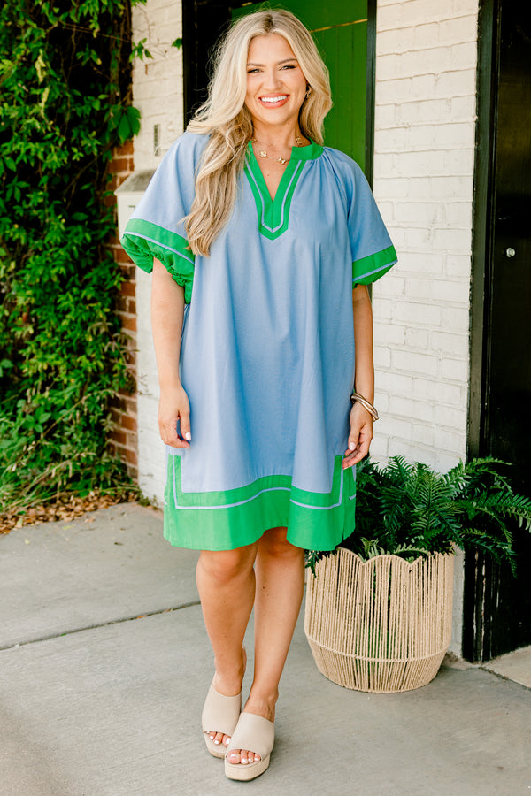 Chic Soul plus size clothing, blue short sleeve mini dress with v cutout along neckline with puff sleeves with kelly green trim along sleeves, neckline, and bottom