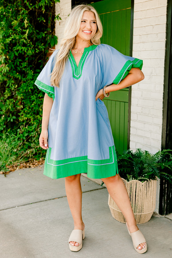 Chic Soul plus size clothing, blue short sleeve mini dress with v cutout along neckline with puff sleeves with kelly green trim along sleeves, neckline, and bottom