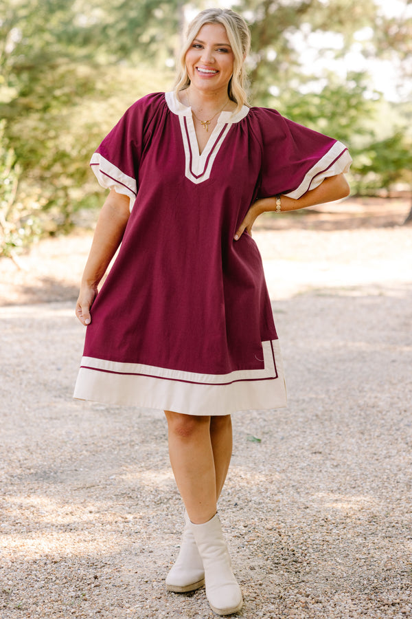 Chic Soul plus size clothing, wine red short puff sleeve maxi dress with white trim around the sleeves, hem, and v neckline