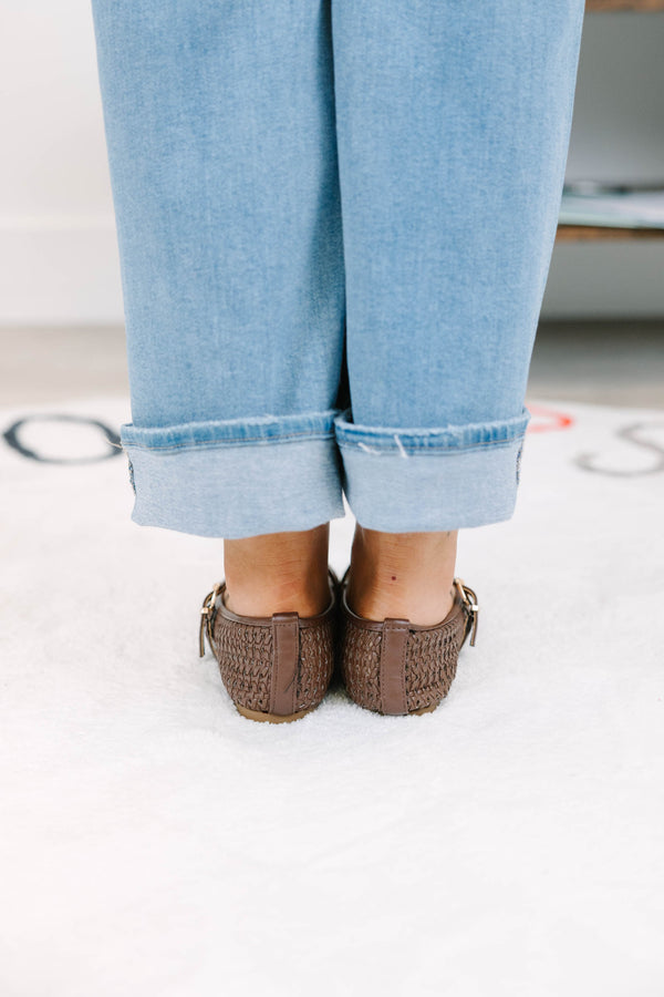 Plus Size brown woven Mary Jane flats with a buckled strap