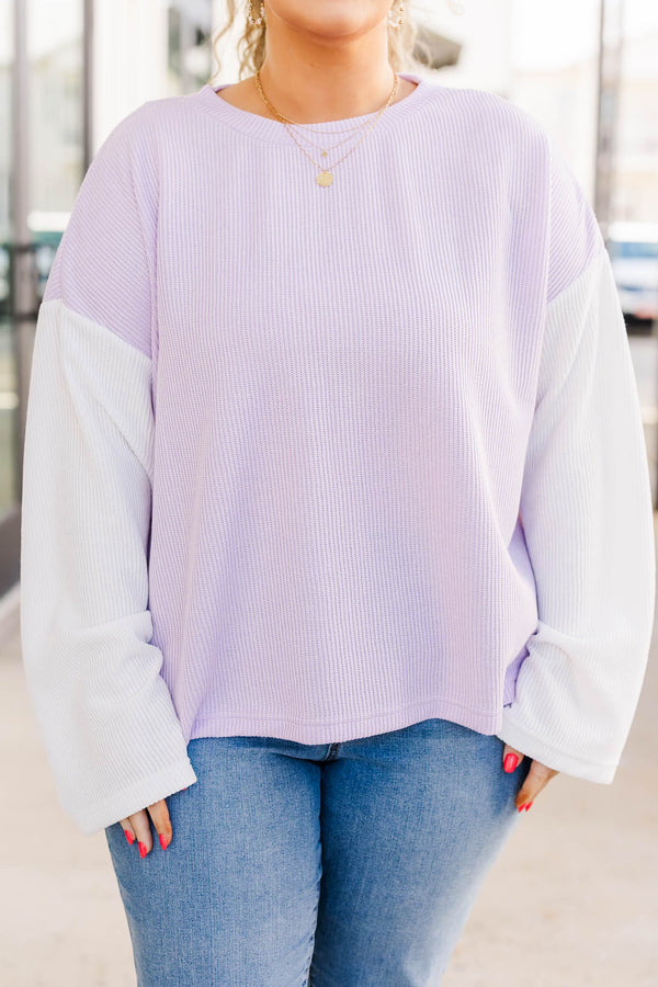 Chic Soul plus size clothing, long sleeve knit top with lavender body with white sleeves