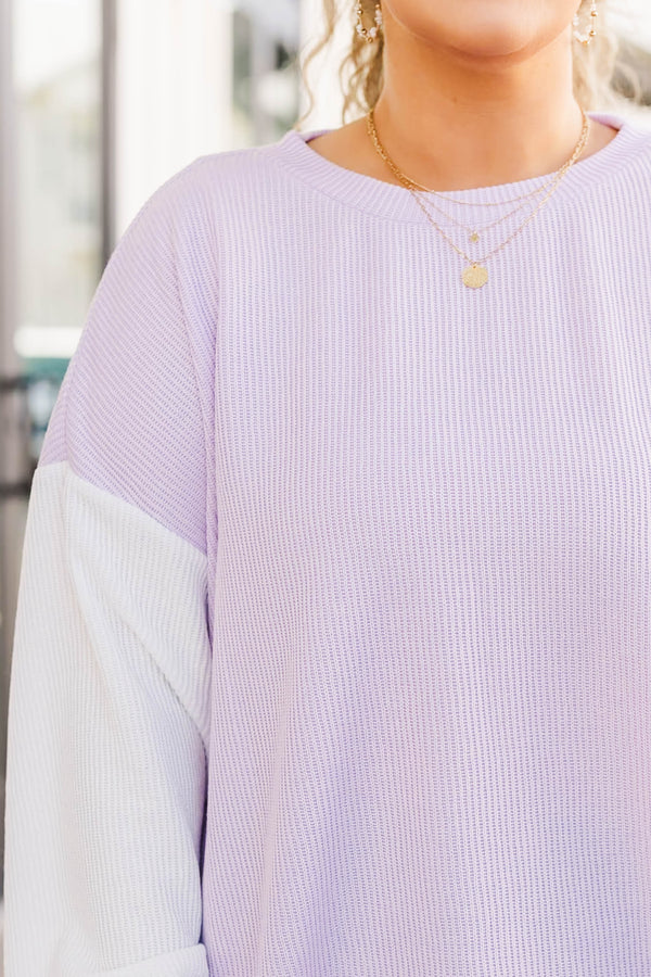 Chic Soul plus size clothing, long sleeve knit top with lavender body with white sleeves