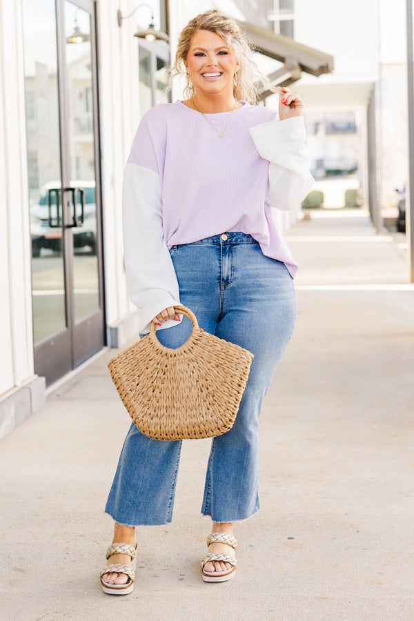 Chic Soul plus size clothing, long sleeve knit top with lavender body with white sleeves