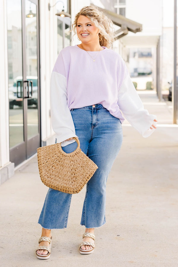 Chic Soul plus size clothing, long sleeve knit top with lavender body with white sleeves