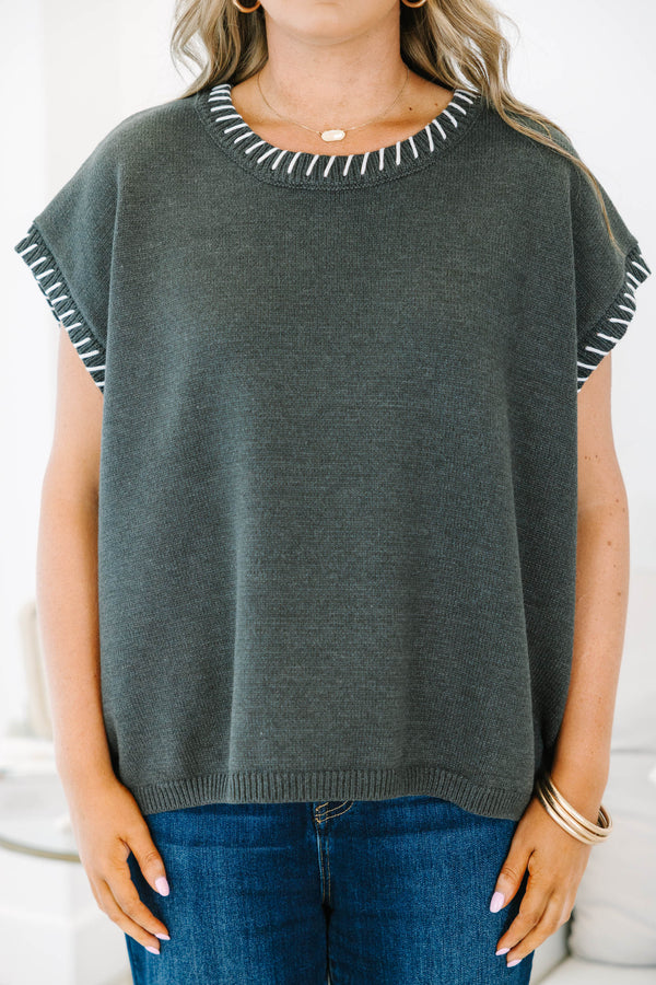 Charcoal embroidered stitch top featuring white contrast blanket-stitching along the ribbed round neckline and cap sleeves.