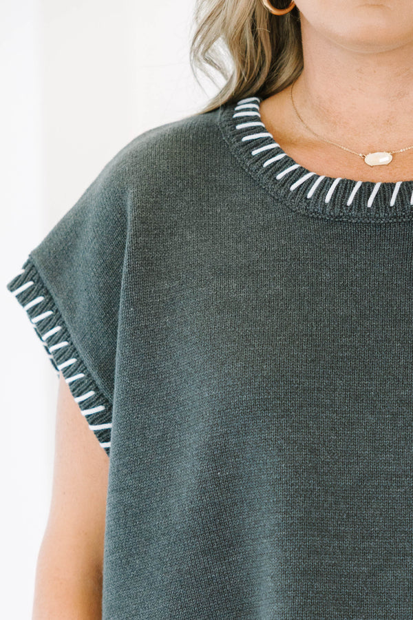 Charcoal embroidered stitch top featuring white contrast blanket-stitching along the ribbed round neckline and cap sleeves.
