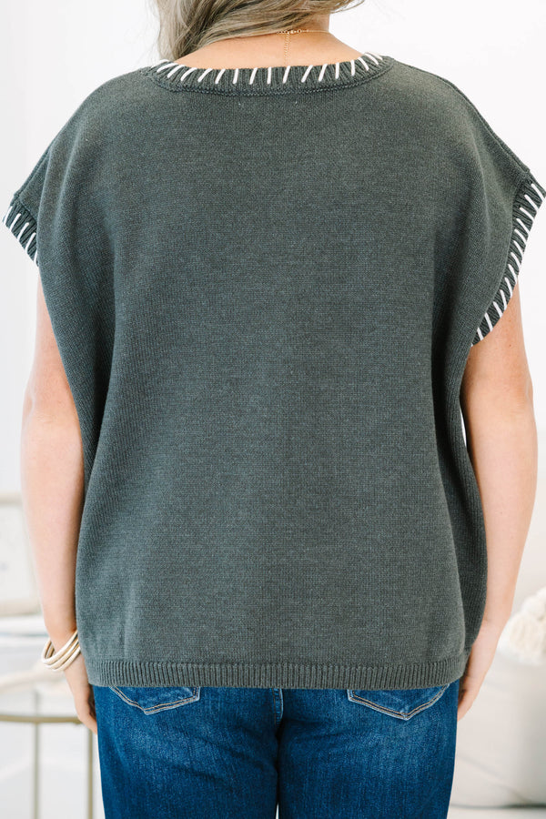 Charcoal embroidered stitch top featuring white contrast blanket-stitching along the ribbed round neckline and cap sleeves.