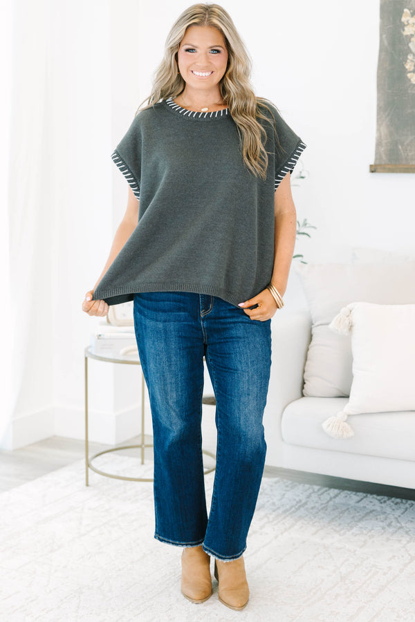 Charcoal embroidered stitch top featuring white contrast blanket-stitching along the ribbed round neckline and cap sleeves.