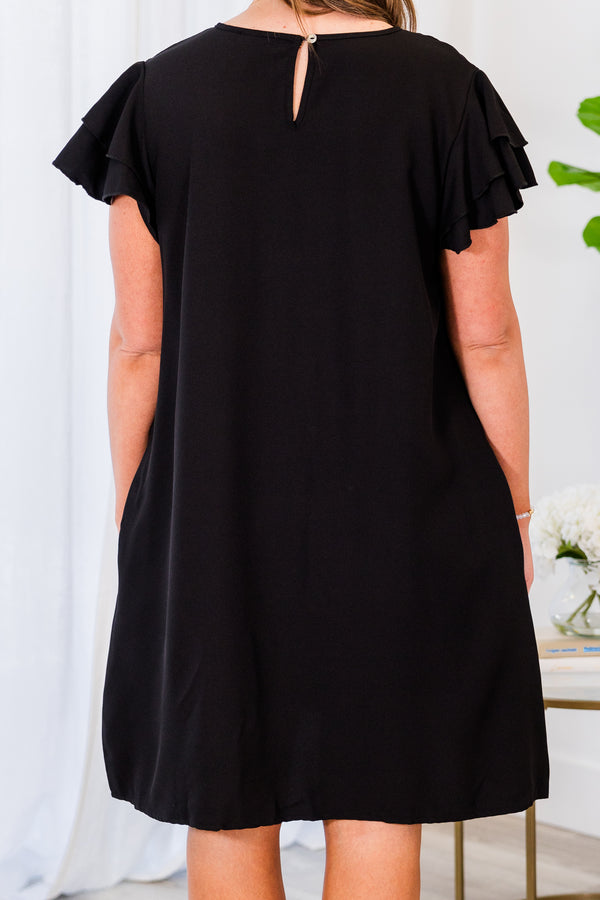 Chic Soul plus size clothing, black short sleeve straight mini dress with tier ruffle sleeves