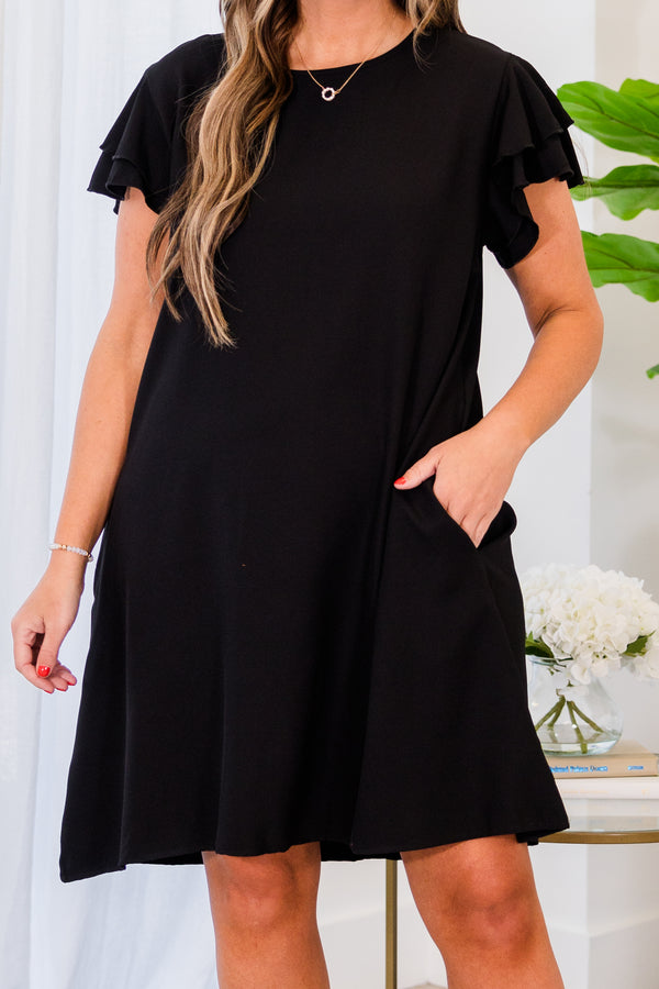 Chic Soul plus size clothing, black short sleeve straight mini dress with tier ruffle sleeves