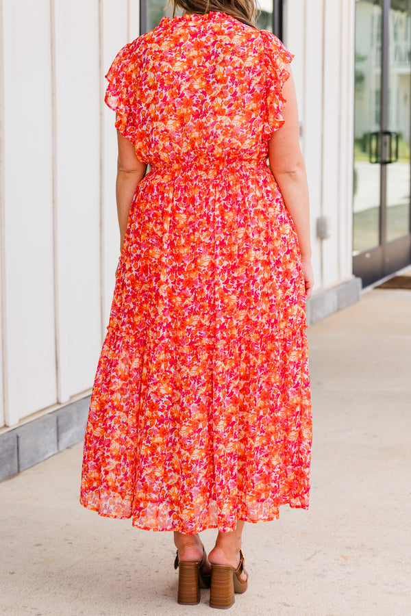 Chic Soul plus size clothing, tangerine orange and pink abstract printed midi dress with synched waistline with ruffle short sleeves and v cutout along neckline