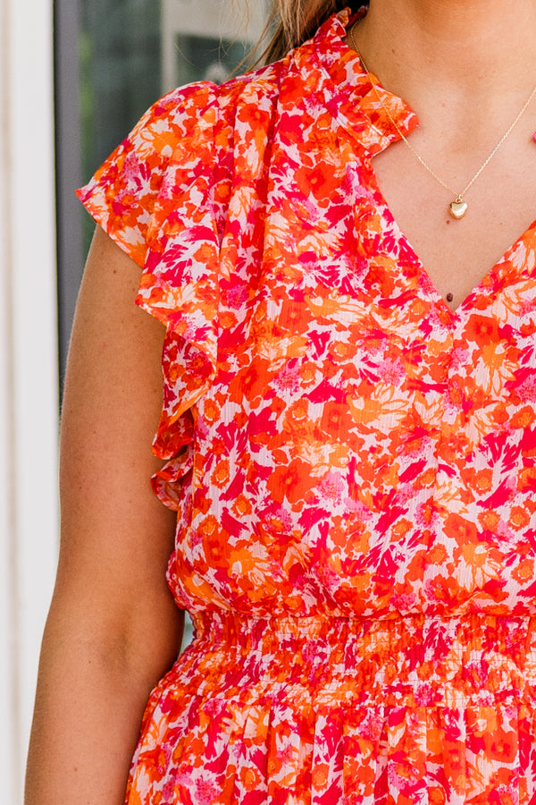 Chic Soul plus size clothing, tangerine orange and pink abstract printed midi dress with synched waistline with ruffle short sleeves and v cutout along neckline