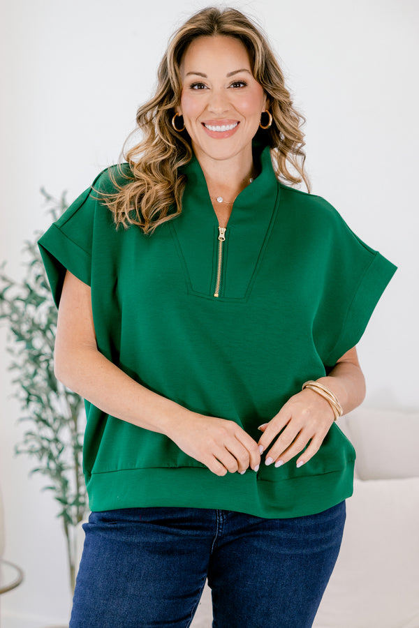 Chic Soul plus size clothing, dark green short sleeve quarter zip collared top