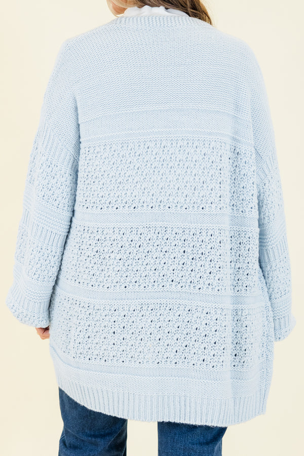 Chic Soul plus size clothing, pastel blue knitted cardigan with bubble sleeves
