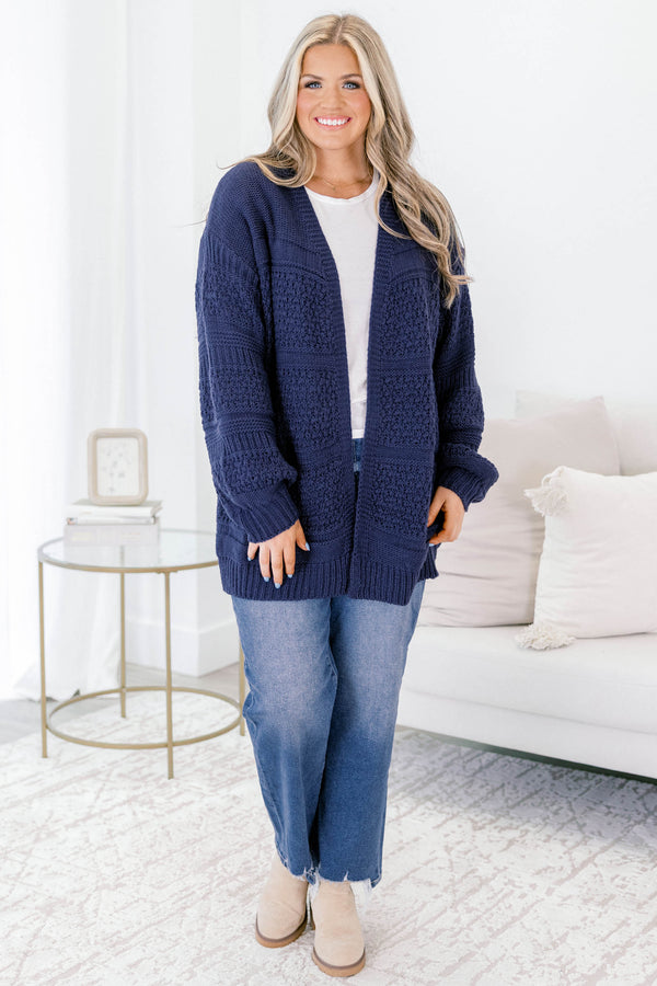 Chic Soul plus size clothing, navy long sleeve fuzzy hip length cardigan 