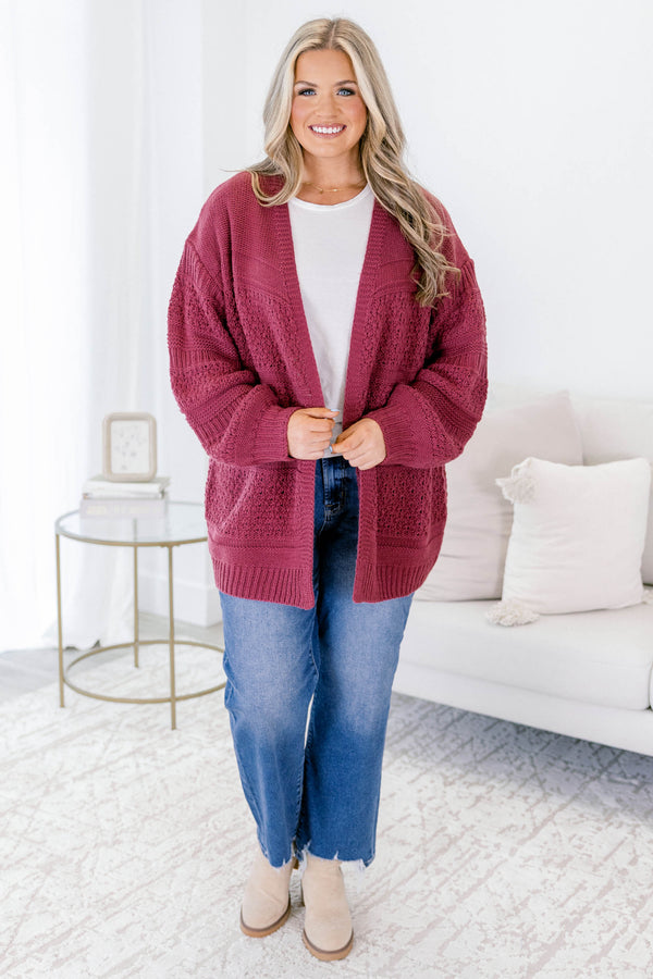 Chic Soul plus size clothing, dark pink long sleeve chunky knit cardigan