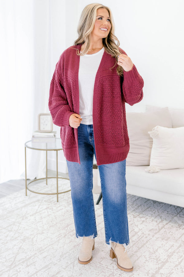 Chic Soul plus size clothing, dark pink long sleeve chunky knit cardigan