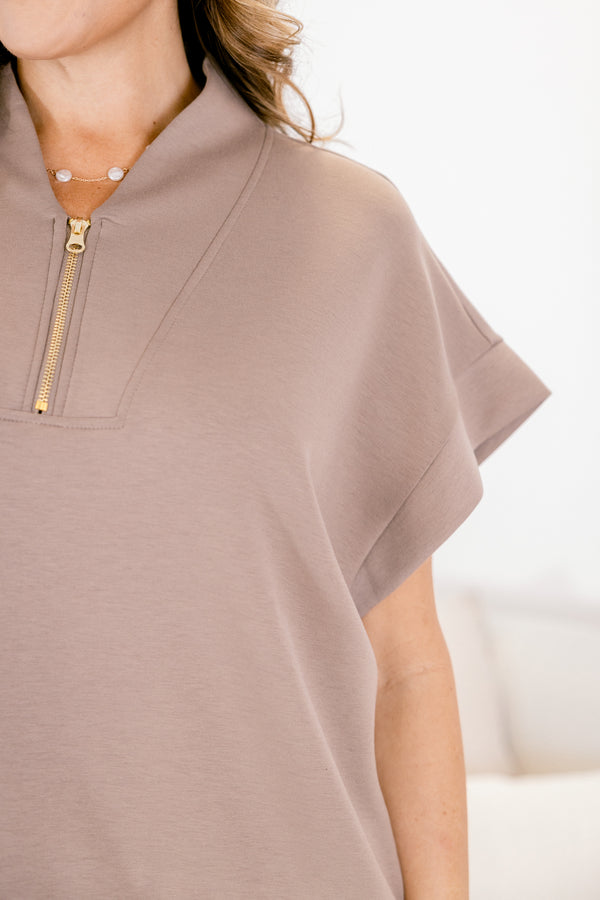 Chic Soul plus size clothing, brown short sleeve quarter zip top