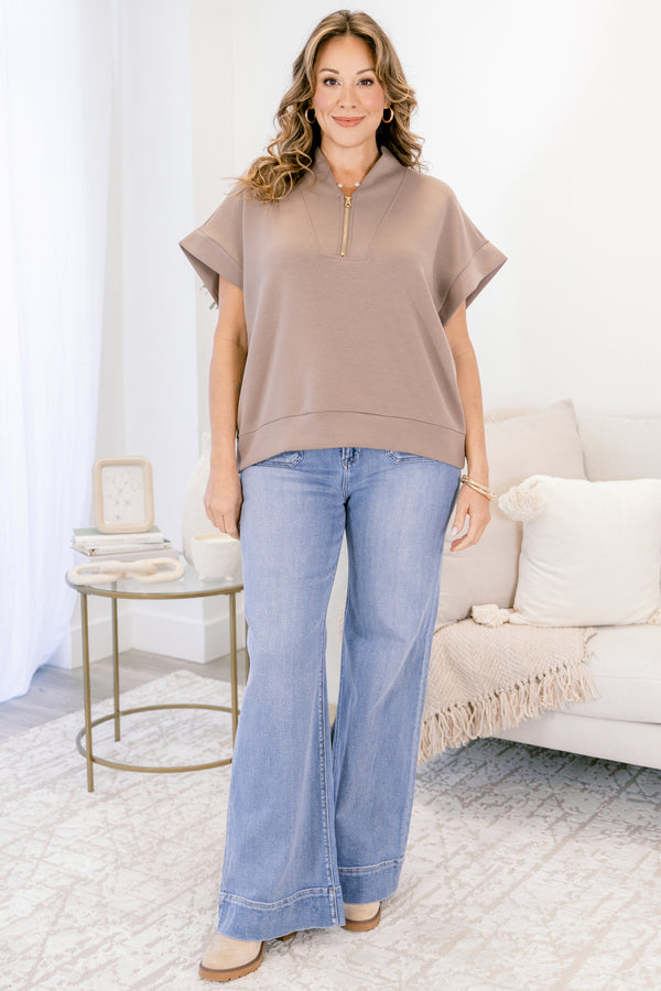 Chic Soul plus size clothing, brown short sleeve quarter zip top