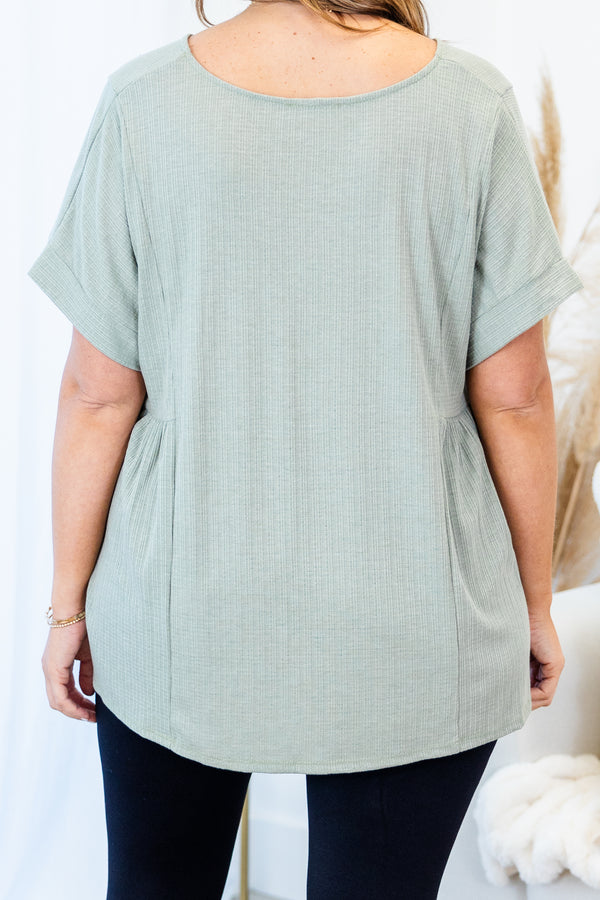 Chic Soul plus size clothing, light sage short sleeve flowy tee with v neckline with ruffle stitch detail on sides