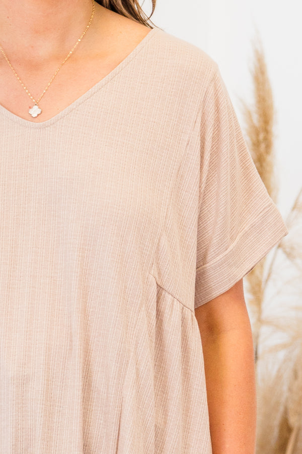 Chic Soul plus size clothing, short-sleeve v-neckline taupe top with line textured detailing