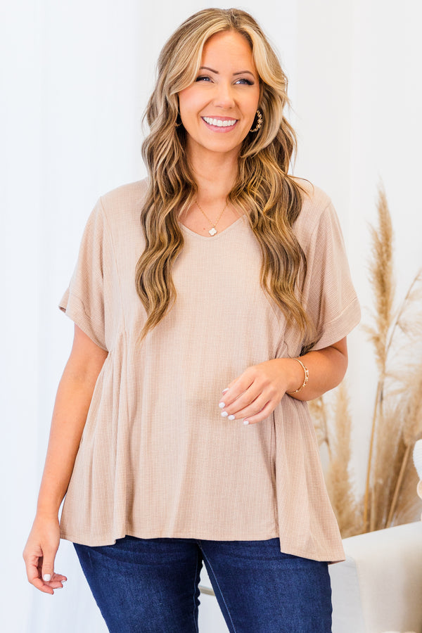 Chic Soul plus size clothing, short-sleeve v-neckline taupe top with line textured detailing