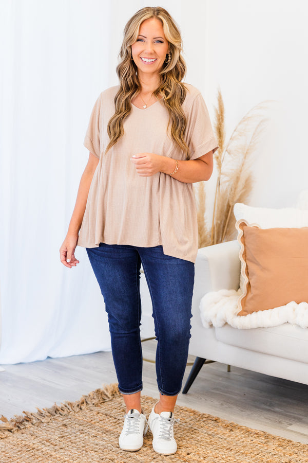 Chic Soul plus size clothing, short-sleeve v-neckline taupe top with line textured detailing