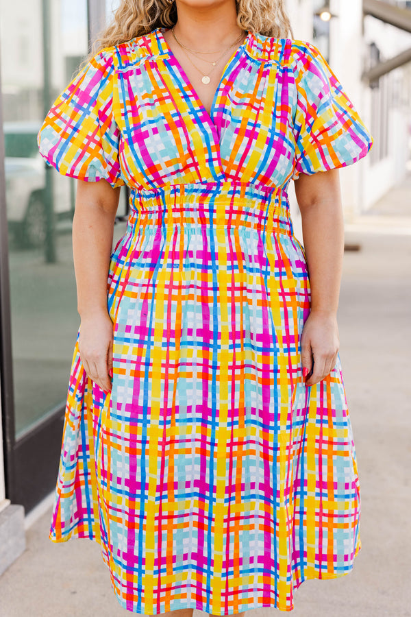 Chic Soul plus size clothing, multicolor plaid pattern midi dress with crisscross neckline and puff sleeves