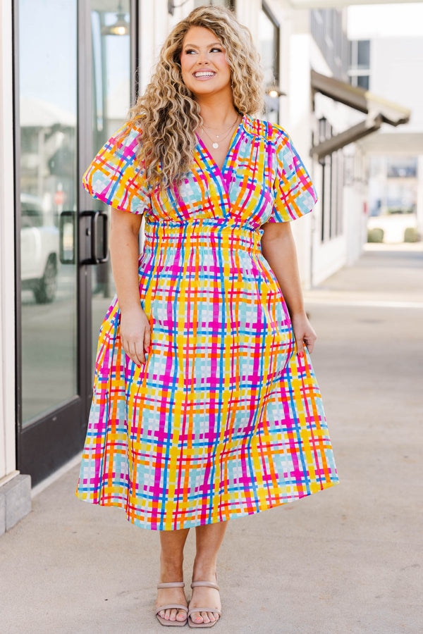 Chic Soul plus size clothing, multicolor plaid pattern midi dress with crisscross neckline and puff sleeves