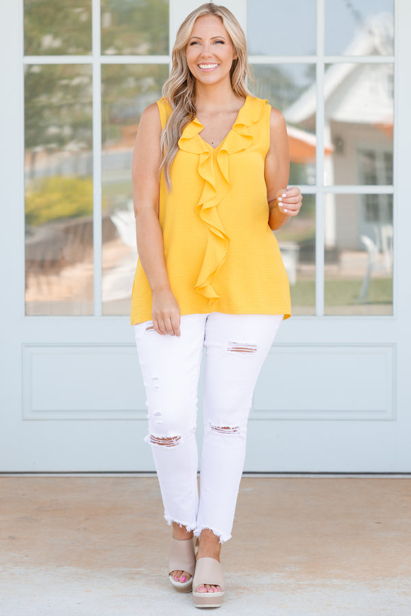 Chic Soul plus size clothing, yellow flowy tank with ruffle detailing on neckline