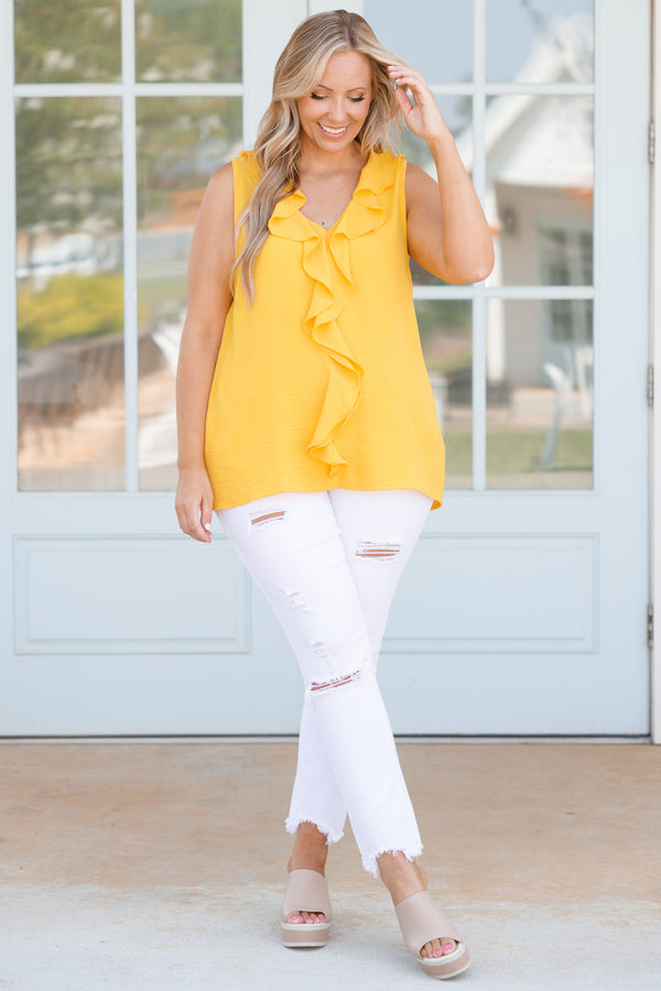 Chic Soul plus size clothing, yellow flowy tank with ruffle detailing on neckline