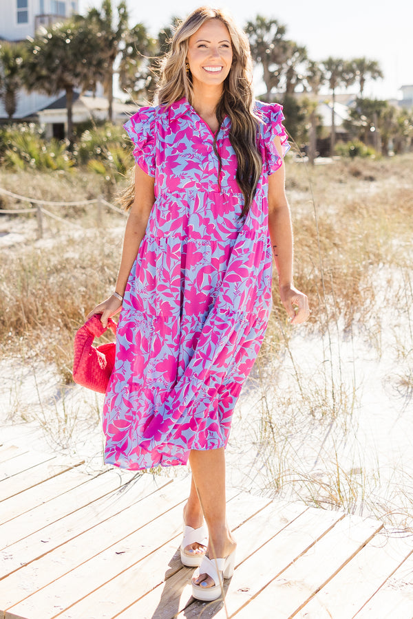 Chic Soul plus size clothing, purple midi dress with a fuchsia floral pattern, flutter sleeves, and a v-neck 