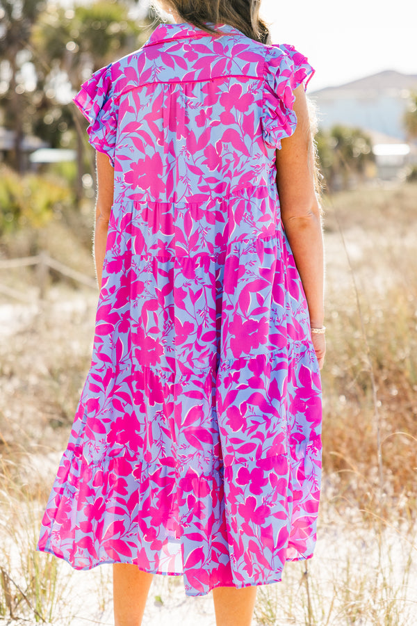 Chic Soul plus size clothing, purple midi dress with a fuchsia floral pattern, flutter sleeves, and a v-neck 