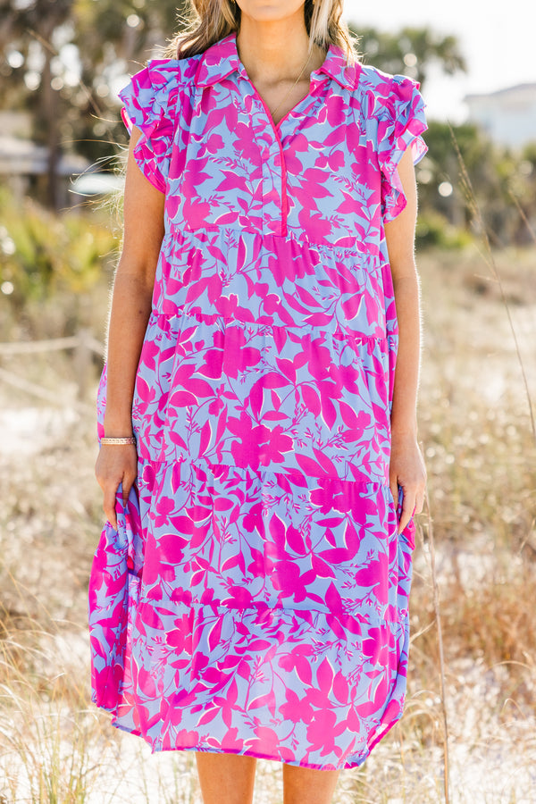 Chic Soul plus size clothing, purple midi dress with a fuchsia floral pattern, flutter sleeves, and a v-neck 