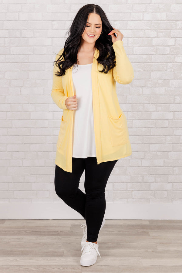 Chic Soul plus size clothing, Dusty Banana color open front cardigan with front pockets