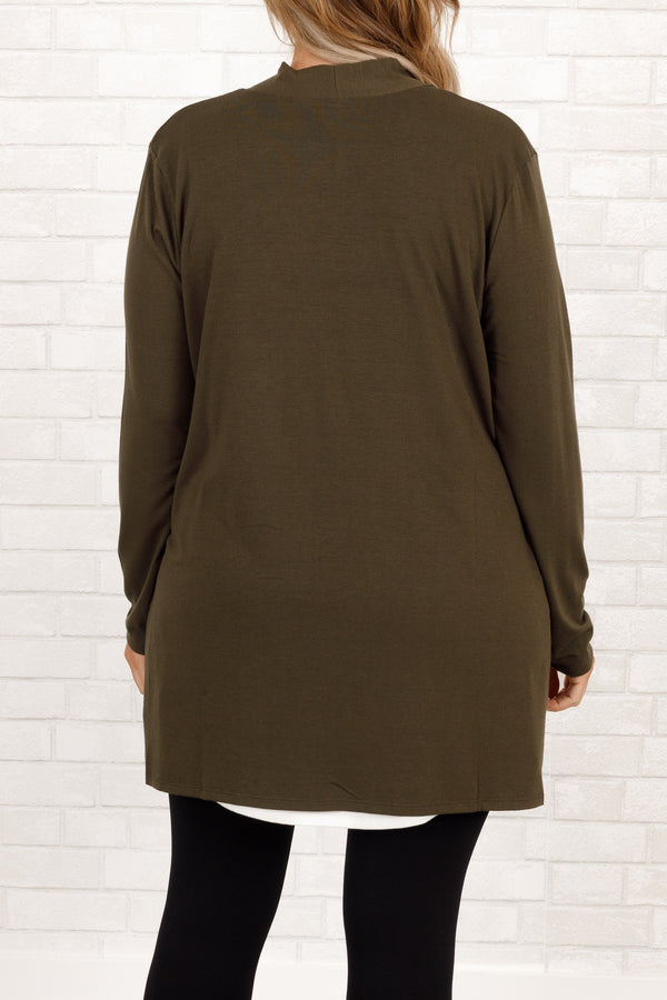 Chic Soul plus size clothing, dark olive cardigan with pockets