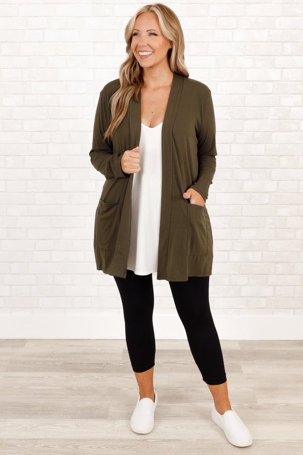Chic Soul plus size clothing, dark olive cardigan with pockets