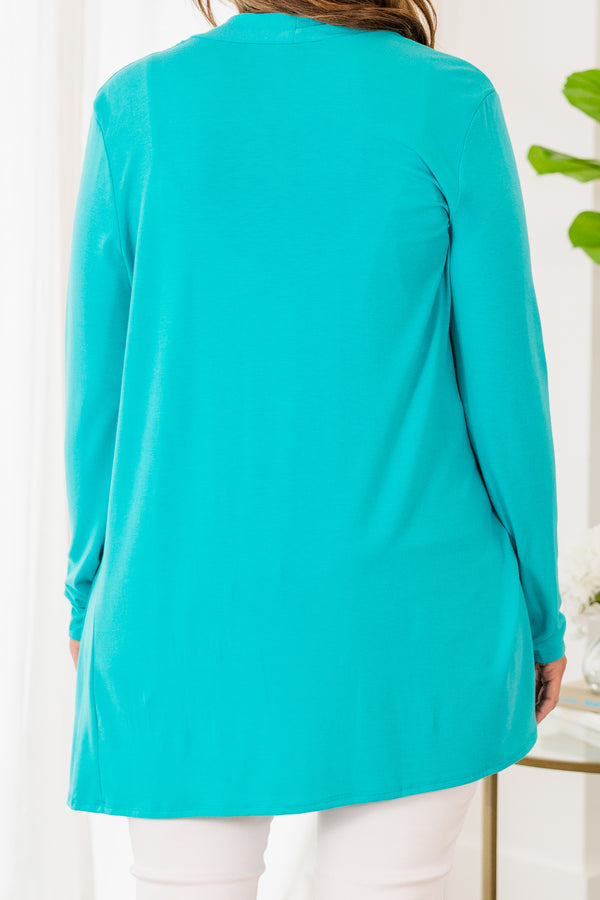 Chic Soul plus size clothing, ice blue long sleeve cardigan with two large front pockets