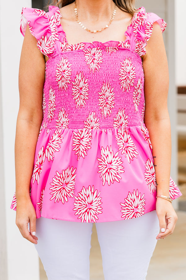Chic Soul plus size clothing, pink babydoll tank with smocked bodice and white floral pattern