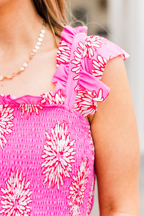 Chic Soul plus size clothing, pink babydoll tank with smocked bodice and white floral pattern