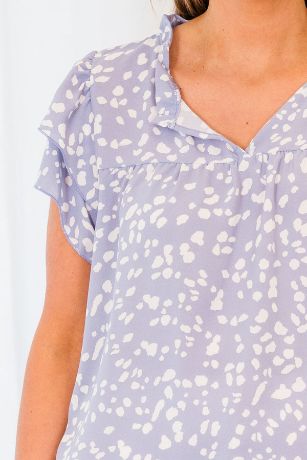 Chic Soul plus size clothing, short sleeve blue top with v-neckline and ruffled sleeves with white spotted pattern