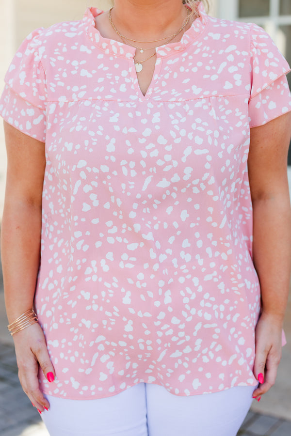 Chic Soul plus size clothing, light pink short sleeve top with white speckled top
